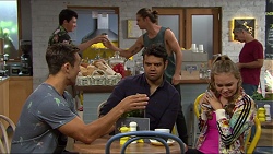 Tyler Brennan, Aaron Brennan, Nate Kinski, Xanthe Canning in Neighbours Episode 