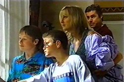 Leo Hancock, Aleks Rama, Maggie Hancock, Evan Hancock in Neighbours Episode 